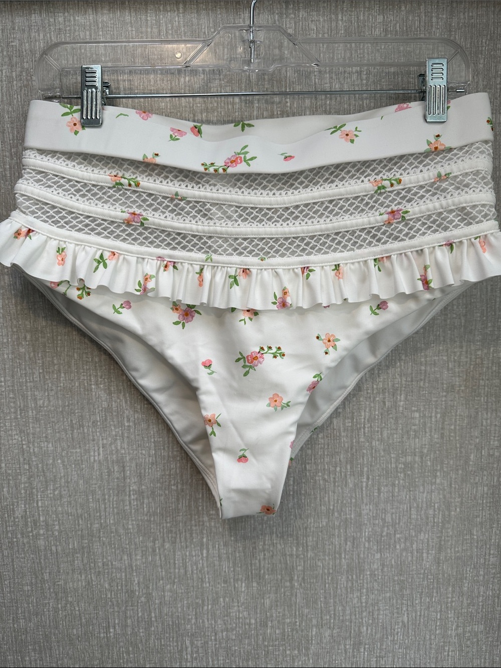 High-Waist Floral Bikini Bottoms with Ruffle & Mesh